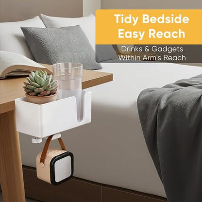 4-in-1 Clip On Desk Cup Holder, Fits up to 40oz cups - Mountable Holder with Adjustable Divider & 360° Rotating Hook - No Spill Clamp On Drink Holder Attachment - for Desk Chair Table Bed Tray - White - color: White - 4" W Dual Cup
