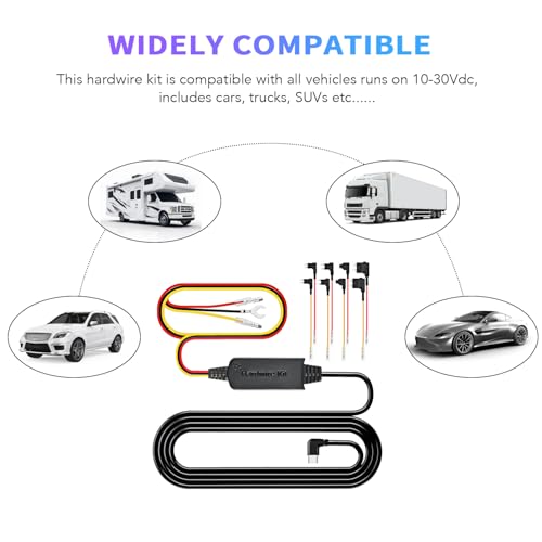 3-Wire Hardwire Kit with 2× Mini, 2× ACS, 2× ATO, 2× Micro2 Add-a-Circuit Fuse Holders, Compatible with COXPAL A17D Dash Cam, USB-C, 11FT Cable, 10-30Vdc to 5Vdc, Low Voltage Protection