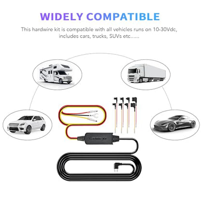 3-Wire Hardwire Kit with 2× Mini, 2× ACS, 2× ATO, 2× Micro2 Add-a-Circuit Fuse Holders, Compatible with COXPAL A17D Dash Cam, USB-C, 11FT Cable, 10-30Vdc to 5Vdc, Low Voltage Protection