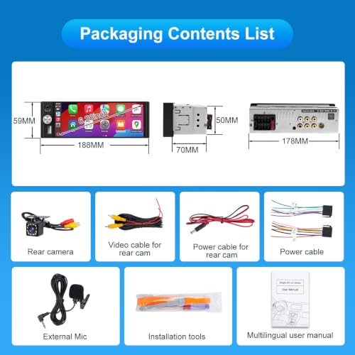 Single Din Radio Car Stereo with CarPlay & Android Auto, 6.28 Inch HD Touch CarPlay Screen, Backup Cam,Bluetooth, MP5,USB Type-C, SWC, EQ, FM Radio with External Mic