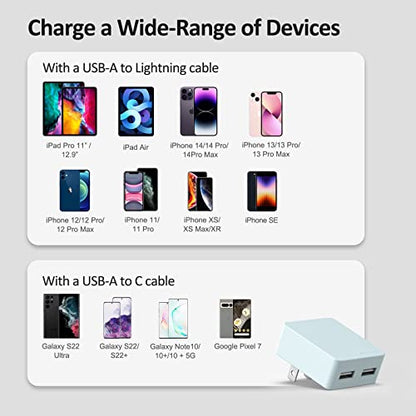 Nekmit Flat USB Wall Charger, Dual Port Slim USB Wall Charger with Smart IC for iPhone 14/14 Pro/14 Pro Max/13/13 Pro/13 Pro Max/12/12 mini/12 Pro, Galaxy, Pixel, iPad Pro, AirPods and More, Blue - color: Blue