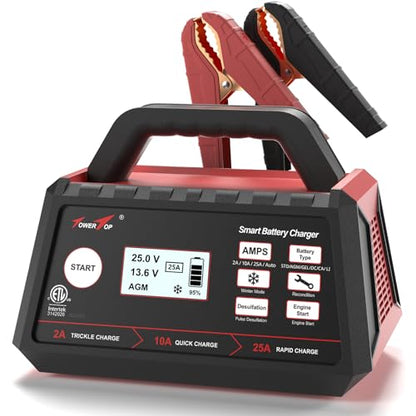 TowerTop 2/10/25 Amp 12V Smart Car Battery Charger, Fully Automatic Battery Maintainer with Engine Start, Auto Desulfator, Battery Repair, Winter Mode, for AGM, STD, Gel, Deep Cycle Batteries - color: 25A