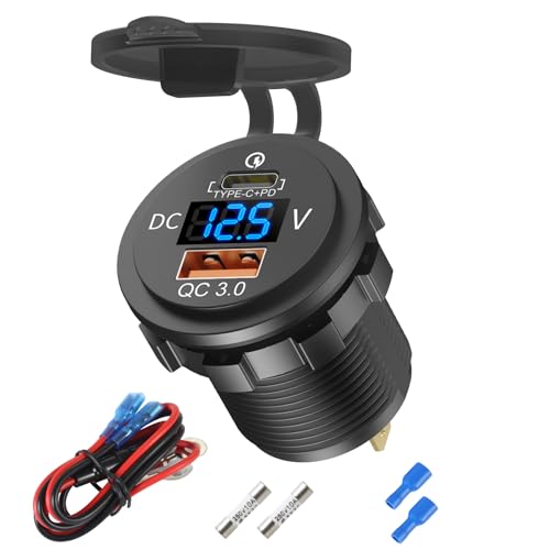 48W 12V USB Outlet USB C Car Socket, PD 30W and QC 18W Car Ports Waterproof Cigarette Lighter Replacement Car Charger Power Outlet with LED Digital Voltmeter for Boat Marine Truck Golf RV, etc.