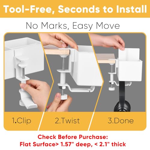 4-in-1 Clip On Desk Cup Holder, Fits up to 40oz cups - Mountable Holder with Adjustable Divider & 360° Rotating Hook - No Spill Clamp On Drink Holder Attachment - for Desk Chair Table Bed Tray - White - color: White - 4" W Dual Cup