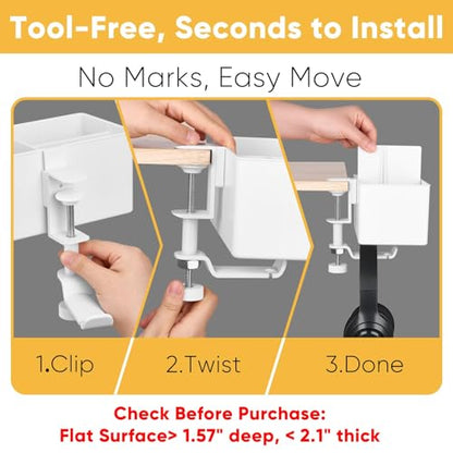 4-in-1 Clip On Desk Cup Holder, Fits up to 40oz cups - Mountable Holder with Adjustable Divider & 360° Rotating Hook - No Spill Clamp On Drink Holder Attachment - for Desk Chair Table Bed Tray - White - color: White - 4" W Dual Cup