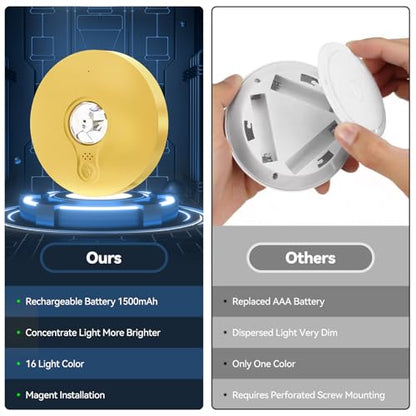 Rechargeable Puck Lights with Remote, 3 Pack Magnetic Under Cabinet Lighting, 1500mAh Battery Operated LED Tap Lights with Dimmer & Timmer for Kitchen, Closet, Shelf - 3 Color Temps & 12 RGB, Gold - color: Gold