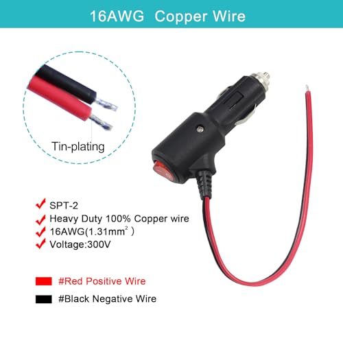 12Volt Replacement Cigarette Lighter Male Plug with On Off Switch - 1FT 12V Fused 15amp Cigarette Male Plug with 16gauge Leads, 12V DC Car Plug Replacement for Car Cooler,Cb Radio, Air Compressor - size: 1FT