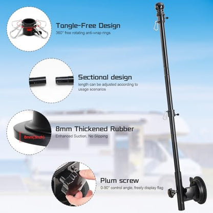 Flag Pole Kit with Suction Cup Holder - 5ft Stainless Steel Flagpole, 400lbs Suction Secure Mount with 0-90 °Adjustable Angle - No Drill, Rustproof for Outdoor Camper,Rv, Boats,Truck,Suvs - size: 5ft