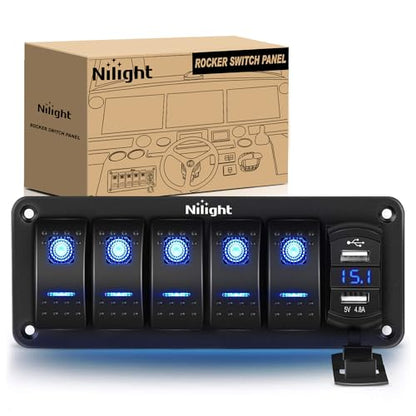 Nilight 5 Gang Rocker Switch Panel with 4.8 Amp Dual USB Charger Voltmeter - color: Blue, size: 6 Gang Dual USB