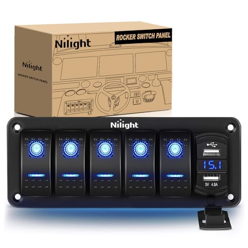 Nilight 5 Gang Rocker Switch Panel with 4.8 Amp Dual USB Charger Voltmeter - color: Blue, size: 6 Gang Dual USB