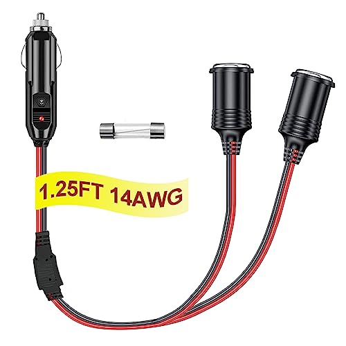 12V Cigarette Lighter Socket Splitter, 12 Volt Splitter 2 Socket 1.25FT Car Plug Splitter, Cigarette Lighter Splitter Adapter Power Charger Port 14 AWG Cord 20A Fuse (1 Years Warranty) - size: 2 Socket 1.25FT