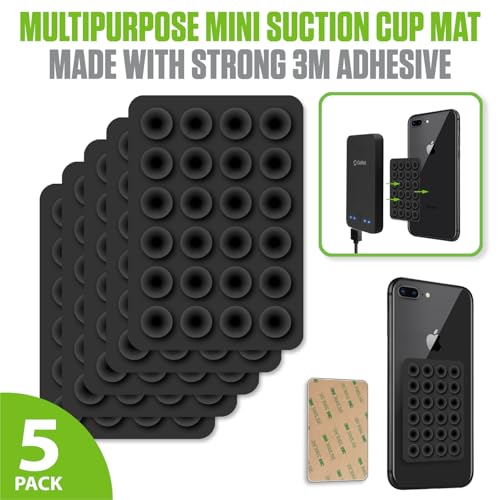 Cellet Multipurpose Mini Suction Cup Mat – 5 Pack | Strong 3M Adhesive | Dashboard, Phone, Battery Pack Holder | Compact 2.3" x 3.3" Grip Pads for Car, Home, & Travel