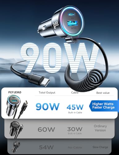 FLYLEAD 90W Car Charger USB C Fast Charge, PD45W for iPhone 17/16 Pro Max - color: Black - 6.7 FT