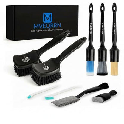 MVEQRRN 9PCS Boar Hair Car Detailing Brushes Set,Car Wheel Kit (Black) - color: 9pcsblack detail wheel brush set