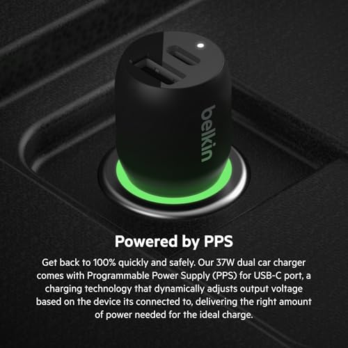 Belkin 37-Watt Dual USB Car Charger - Power Delivery 25W USB-C Port & 12W USB-A Port for PPS Charging Apple iPhone, Samsung Galaxy, AirPods, & More - size: 1.0 inches, style: Dual USB-A & C 37W