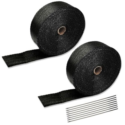 Black 2" x 50' Exhaust Header Heat Wrap Roll with 10PCS Stainless Steel Locking Ties for Motorcycle Cars Heat Shield（2 Packs） - size: 2" x 50'-2PC-Black