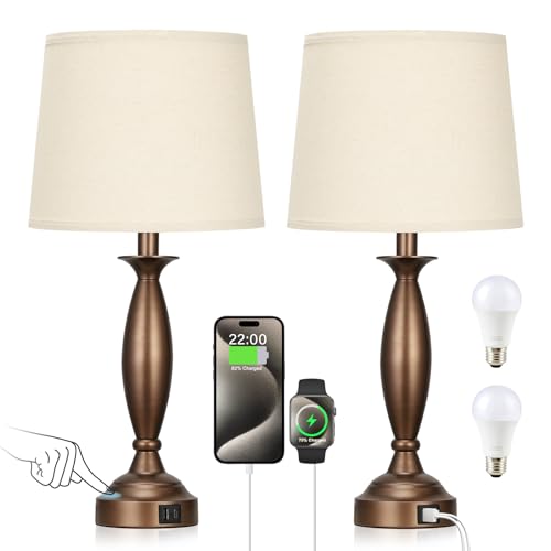 Bedroom Lamps for Nightstand, 3 Way Dimmable Brown Bedside Lamps with USB - color: I. Beige Shade & Brown Base, size: Medium（22.5 In）