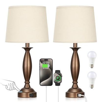 Bedroom Lamps for Nightstand, 3 Way Dimmable Brown Bedside Lamps with USB - color: I. Beige Shade & Brown Base, size: Medium（22.5 In）