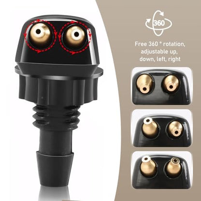 2 PCS Car Double Hole Straight Column Front Windshield Water Spray Nozzle, 1.14" x 0.71" Adjustable Powerful Jet Wiper Cleaning Nozzle, 0.31" Connector with Plastic Nut, for Cars (Black)
