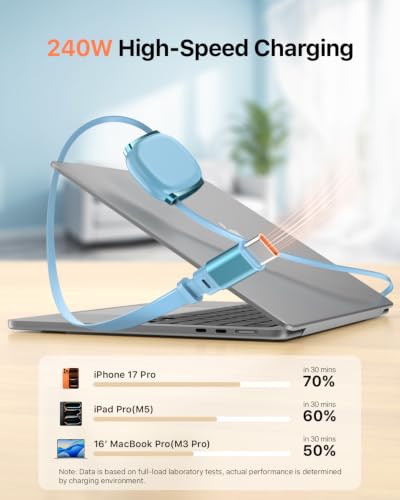240W Retractable USB C Cable with Mag Sanp Slot,3.3ft,Ocean Blue - color: Ocean Blue, size: 3.3ft-1Pack