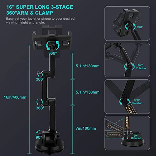 Porfortop iPad Pro 12.9 Inch Tablet Mount, 4 Inch Suction Cup, 16 Inch Arm, Wide Compatibility, Full Protection, Hassle-Free Charging, Solid Construction