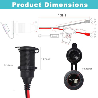 12V Cigarette Lighter Socket Replacement - 13FT Fixed Thread Cigar Socket to Battery Ring Terminal Cable with 15A Fuse, 14AWG 12/24 Volt Female Power Outlet Panel-Mounted for Marine Boat Car RV ATV - size: 13FT