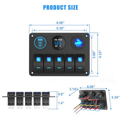 Marine Boat Switch Panel Waterproof, 5 Gang Marine Rocker Switch Aluminum Panel with 3 Port 66W 12V USB Outlet Car Charger, 150W Cigarette Lighter Socket and Blue LED Voltmeter for Truck Car RV, etc.