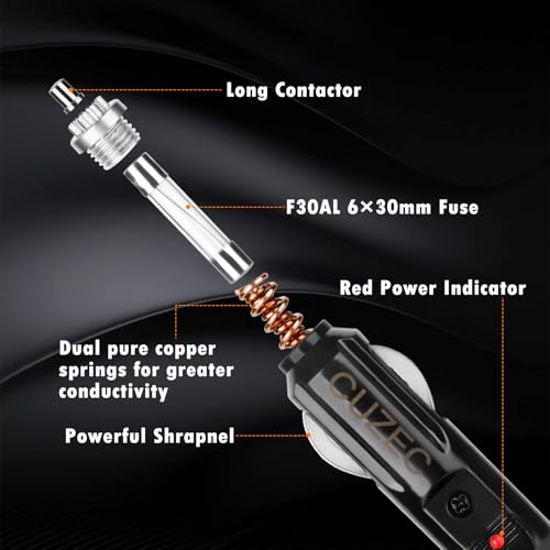 Cigarette Lighter Male Plug 12V Fused Replacement 1 Pack, Male Cigarette Lighter Plug Adapter with Leads & LED Light, 12v Plug Connector Socket 1FT 12AWG Extension Cable with 30A Fuse (0.5ft/15cm) - size: 0.5ft/15cm