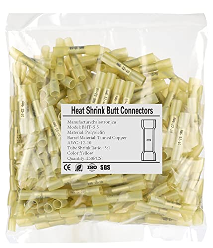 haisstronica 250PCS Yellow Heat Shrink Butt Connectors 12-10 AWG - size: AWG12-10 Yellow, style: 250pcs