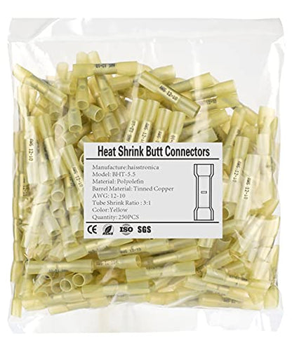 haisstronica 250PCS Yellow Heat Shrink Butt Connectors 12-10 AWG - size: AWG12-10 Yellow, style: 250pcs