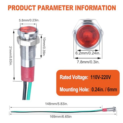 10Pcs AC 110V-220V LED Indicator Light 6mm Waterproof Metal Wide Flat Head Signal Lamp Pilot Dash Directional with Wire (White Red Yellow Blue Green)*2 - color: Mix, size: 6mm / 110V-220V