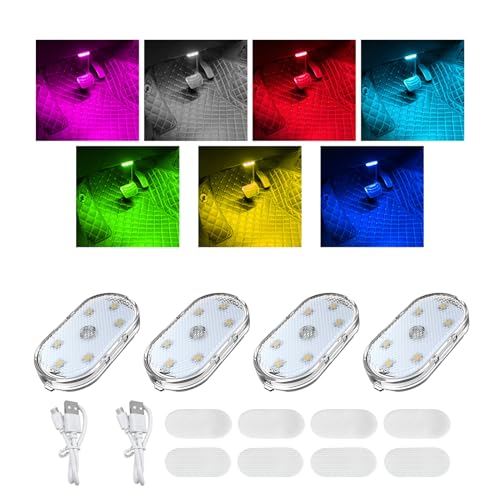 Augeny 4 PCS Car LED Lights Interior Wireless, 7 Colors Sticky Auto Interior Light with 6 Bright LED Lamp Beads, Portable USB Rechargeable Vehicle Interior Led Night Light, Car Accessories - size: 4 PCS, style: Sticky