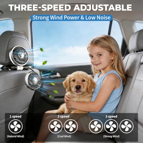 Car Fan for Backseat for Kids, Dual Head 360 Rotatable Cooling Fan with 3-Speed and Reading Light, USB Fan That Blows Cold Air for Car SUV RV Truck without AC, Silver