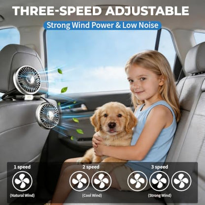 Car Fan for Backseat for Kids, Dual Head 360 Rotatable Cooling Fan with 3-Speed and Reading Light, USB Fan That Blows Cold Air for Car SUV RV Truck without AC, Silver