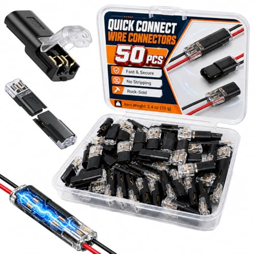 Low Voltage Wire Connectors 2 Pin, Double Wire Plug-in Connector, Quick Splice Terminal for LED Strip Lights, Automotive & Speaker Wiring, No Strip Needed, (50)