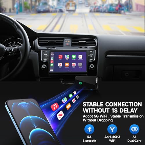 Jemluse Wireless CarPlay Adapter for Apple iPhone - Multi-User Seamless Connection for Convert Wired to Wireless Car Play Adapter - No Latency from iOS 10+ to Screen w/USB C (All Black) - color: All Black