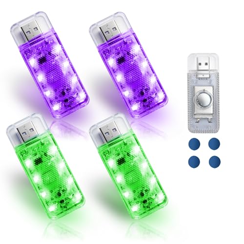 4 PCS Car LED Lights, USB Plug-in Rechargeable 8 High-Brightness LED Beads, Portable Mini Touch Control Dimmable Night Light for Car/Bedroom/Party/Holiday Decoration (2 Green & 2 Purple) - color: 2Green&2Purple