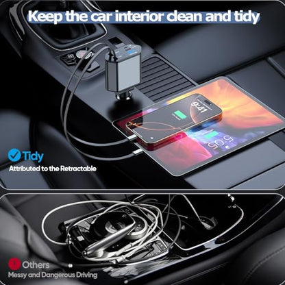 66W Retractable Car Charger Fast Charging,4 in 1 Car Charger USB Fast Charge with Retractable USB C Cable + Lightning Cable,USB C Port and USB A Port Car Phone Charging for iPhone 17/16/15/14/13,iPad