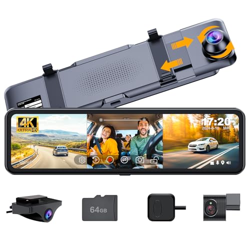 3 Channel Mirror Dash Cam with Front 4K, in-Cabin & Rear 1080P Cameras, Enhanced Night Vision, G-Sensor & Parking Monitor, 64GB Card Included, Triple Rear View Mirror Camera for Cars & Trucks