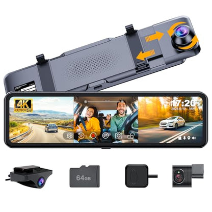 3 Channel Mirror Dash Cam with Front 4K, in-Cabin & Rear 1080P Cameras, Enhanced Night Vision, G-Sensor & Parking Monitor, 64GB Card Included, Triple Rear View Mirror Camera for Cars & Trucks