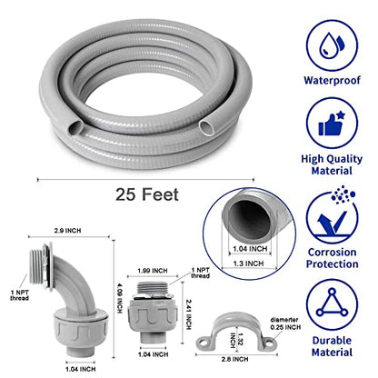 (1 inch Dia * 25 Feet) Yariwiz Flexible Electrical Conduit Liquid Tight PVC Conduit Kit with 3 PCS Coupling, 3 PCS Elbow and 7 PCS Strap, Sealtight Seal Flex Liquidtight Wire Outdoor Non Metallic Grey - style: 1"-25ft Kit-Grey