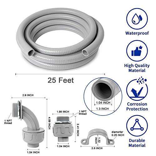 (1 inch Dia * 25 Feet) Yariwiz Flexible Electrical Conduit Liquid Tight PVC Conduit Kit with 3 PCS Coupling, 3 PCS Elbow and 7 PCS Strap, Sealtight Seal Flex Liquidtight Wire Outdoor Non Metallic Grey - style: 1"-25ft Kit-Grey