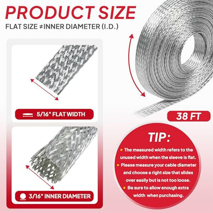 5/16" Wide Tinned Copper Braided Metal Wire Shielding Sleeve Ground Strap Automotive Flat Mesh Flexible Expandable Sheath (8mm ID-38ft) - size: 5/16 in Wide(0.20 in Dia)-38ft