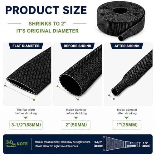 2:1 Heat Shrink Braided Sleeve 2 inch 10FT, Automotive Wear-Resistant Fabric Flat Woven Tubing, Flexible Abrasion Protection Sleeving for Wiring Harness, Cable Sheath, Wires & Hoses Protection - size: 50mm-2" I.D x 10FT