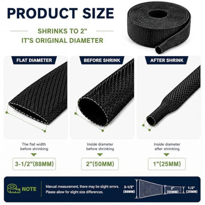 2:1 Heat Shrink Braided Sleeve 2 inch 10FT, Automotive Wear-Resistant Fabric Flat Woven Tubing, Flexible Abrasion Protection Sleeving for Wiring Harness, Cable Sheath, Wires & Hoses Protection - size: 50mm-2" I.D x 10FT