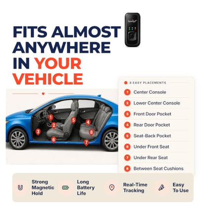 Family1st Portable Automobile GPS Trackers for Vehicles, Cars, Loved Ones, Real Time Tracking App, Up to 30 Days Battery Life, Hidden Tracking for Theft Protection & Subscription Needed.