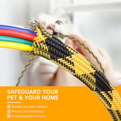 Braided Wire Loom Sleeve - Pet Proof Chew Resistant Cable Wrap, High Density Expandable Cable Sleeving for Automotive Wire Harness & PC Computer Case 16.4ft (Black Yellow, 4mm (5/32")) - color: Black Yellow, size: 4mm (5/32")