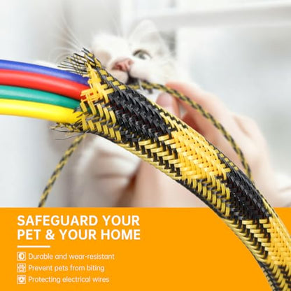 Braided Wire Loom Sleeve - Pet Proof Chew Resistant Cable Wrap, High Density Expandable Cable Sleeving for Automotive Wire Harness & PC Computer Case 16.4ft (Black Yellow, 4mm (5/32")) - color: Black Yellow, size: 4mm (5/32")