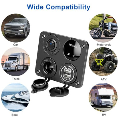 Linkstyle 4 in 1 Car Charger Panel, 4.2A Dual USB A Charger Port, Cigarette Lighter Socket with LED Voltmeter & Rocker Switch for 12V/24V Marine Boat RV Truck - color: 4 in 1 Charger Socket Panel