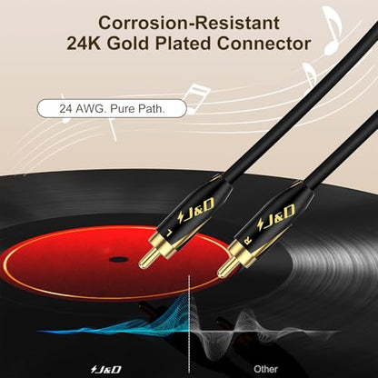 J&D Audiophiles RCA Cable, 24 AWG 2RCA Male to Male Stereo Interconnect Audio Cord, Gold-Plated Subwoofer Cable for Home Theater, HDTV, Amplifiers, Hi-Fi Systems, Speakers, 6 Feet/1.8 Meter - size: 6 Feet